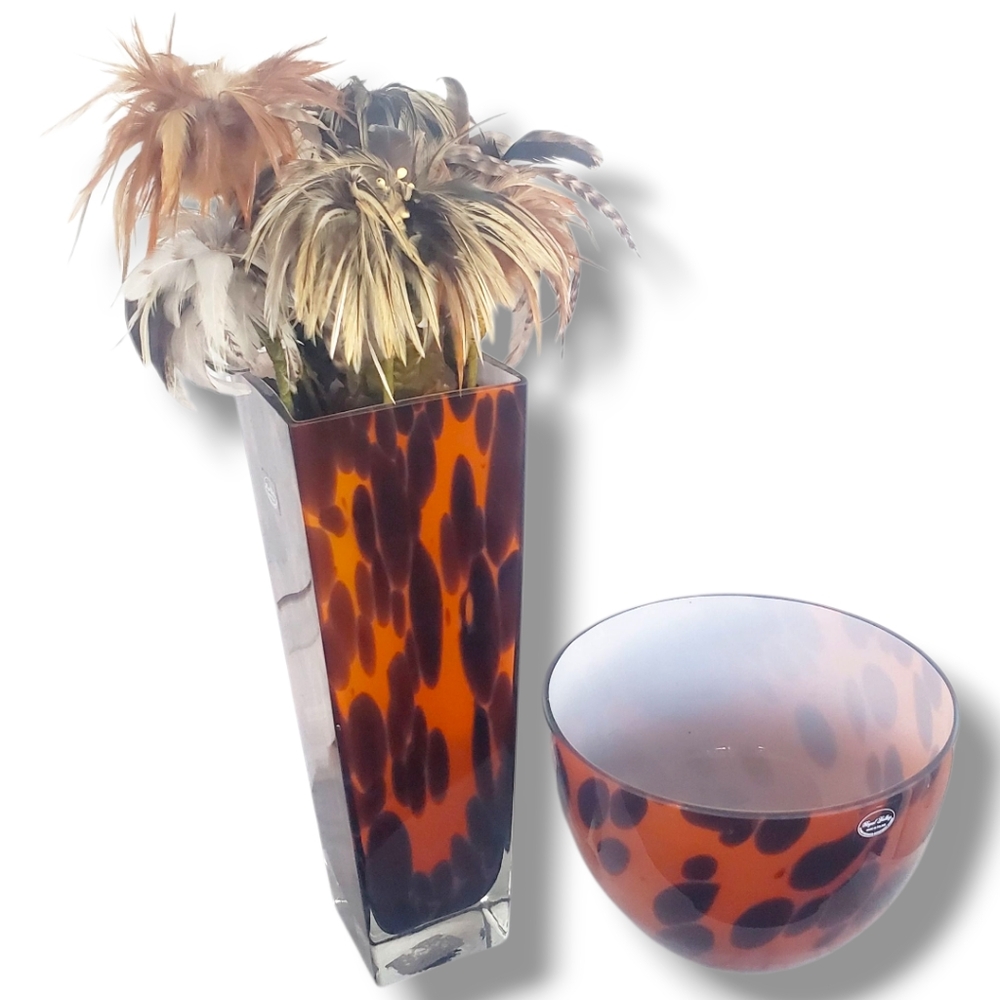 Royal Gallery Tortoiseshell Glass Large Vase Bowl Set Amber Brown Leopard Print